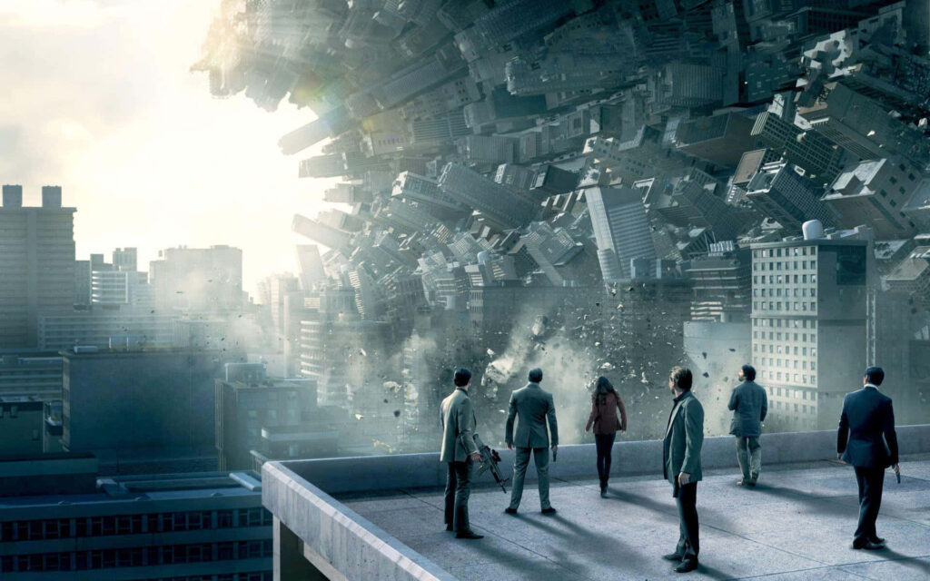 People on rooftop view surreal cityscape with bending buildings inspired by Inception wallpaper