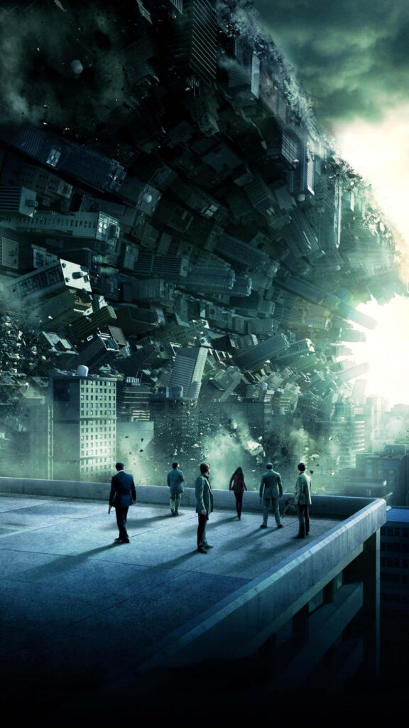 Group on rooftop viewing surreal bending skyscrapers cityscape inspired by Inception wallpaper
