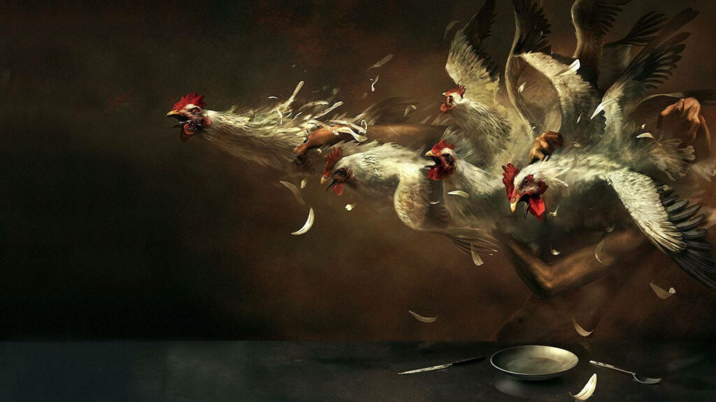 Surreal Roosters in Motion: Dynamic Wallpaper with Dark Background
