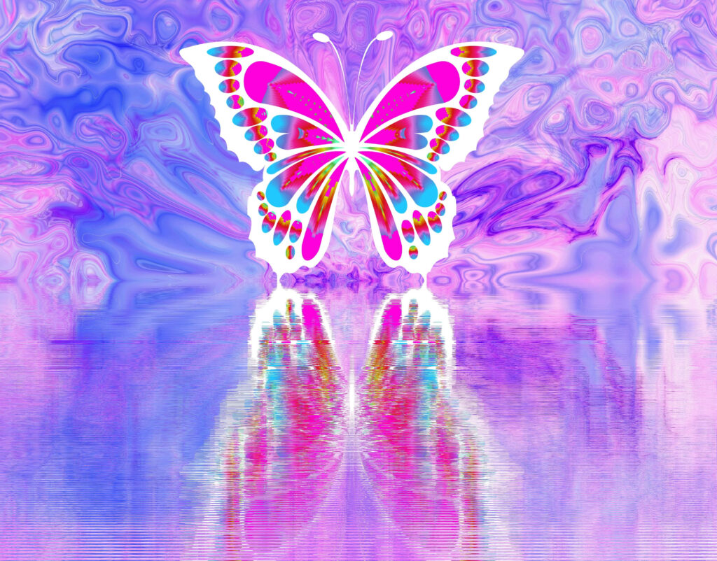 Cute Pink Butterfly Bliss: A Mesmerizing Wallpaper on a Psychedelic Canvas