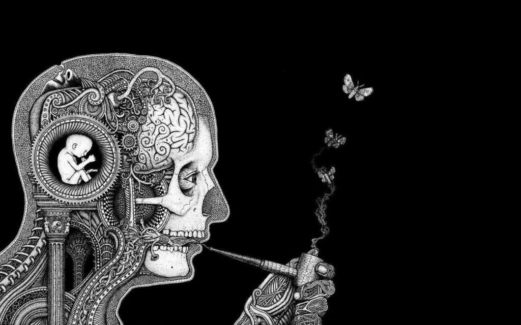 Surreal Skull Wallpaper: Mechanical Embryo & Butterflies Design