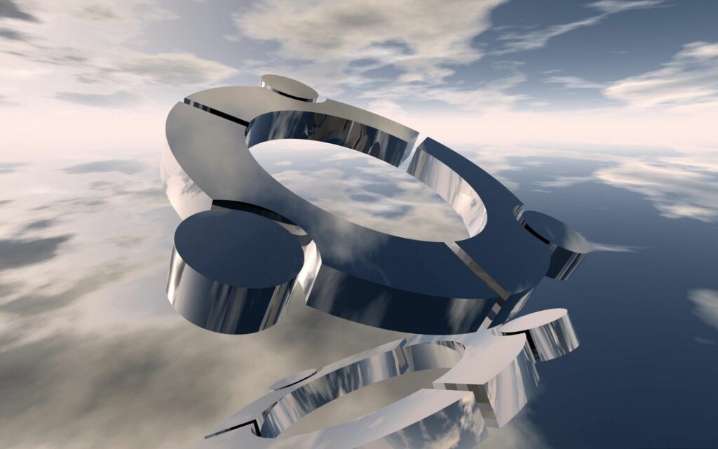 Surreal Sky Wallpaper: Reflective Metal Shapes in Ethereal Clouds