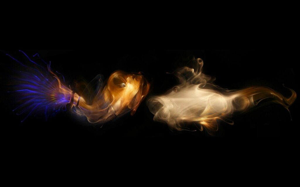 Surreal Smoke Art: Abstract Shapes of Fish and Clot on Dark Background Wallpaper