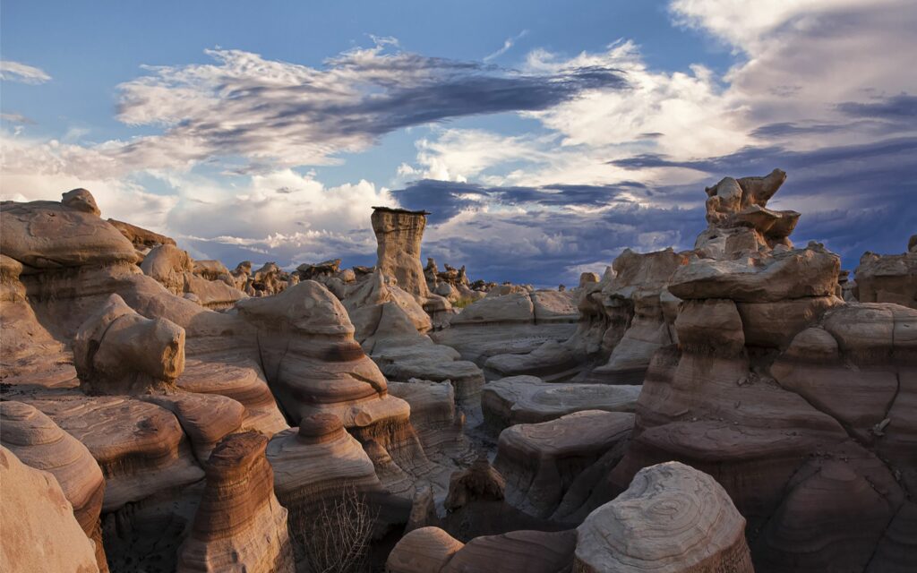 Smooth uniquely shaped stone formations under dramatic swirling clouds with a small bush Wallpaper