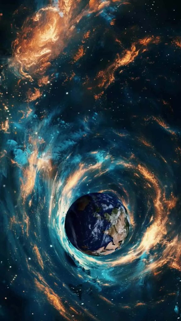 Planet Earth inside a swirling nebula vortex with turquoise and orange cosmic colors background Wallpaper