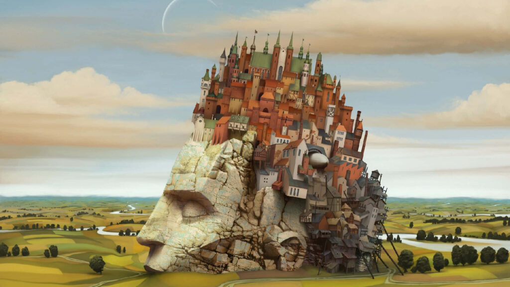 Surreal wallpaper of giant stone head with whimsical castle and rolling green fields background