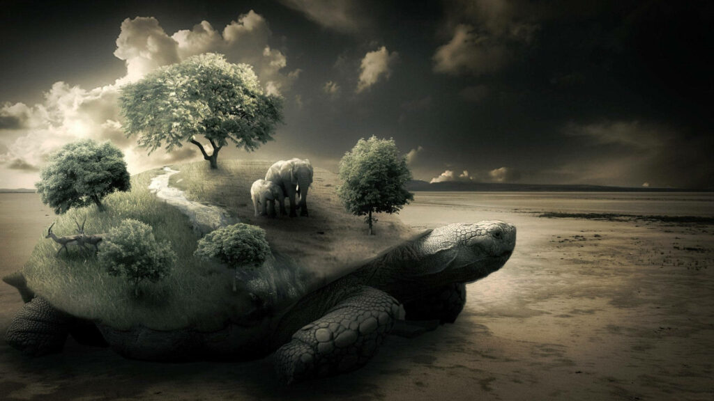 Surreal Tortoise Island Wallpaper: Dreamy Fantasy Background Art
