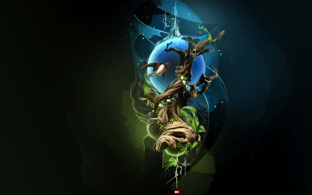 Surreal Tree Wallpaper: Twisting Branches in Blue-Green Fantasy