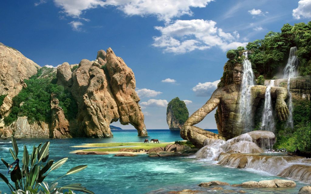 Surreal tropical coast with elephant rock and giant stone meditating by waterfall wallpaper