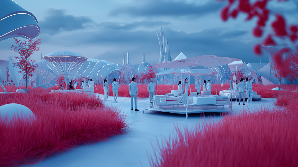 Surreal VR landscape with vibrant red grass and blue futuristic structures in a sci fi park Wallpaper