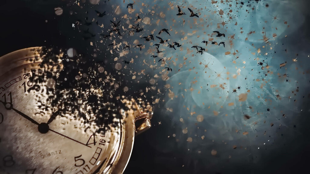 Vintage pocket watch transforming into birds and particles on dreamy blue background wallpaper