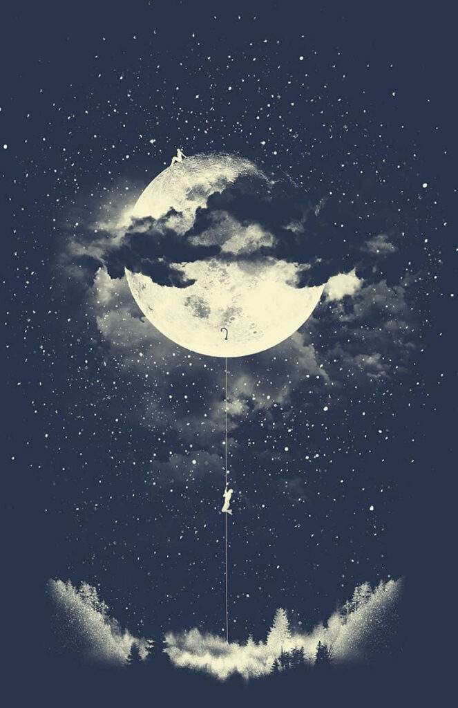 Surreal Wallpaper: Climbing Rope to Glowing Moon in Mystical Night Sky