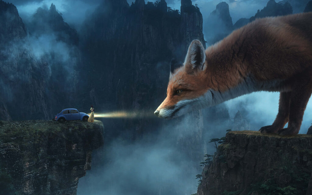 Giant Fox Over Misty Mountains: Enchanting Surreal Wallpaper