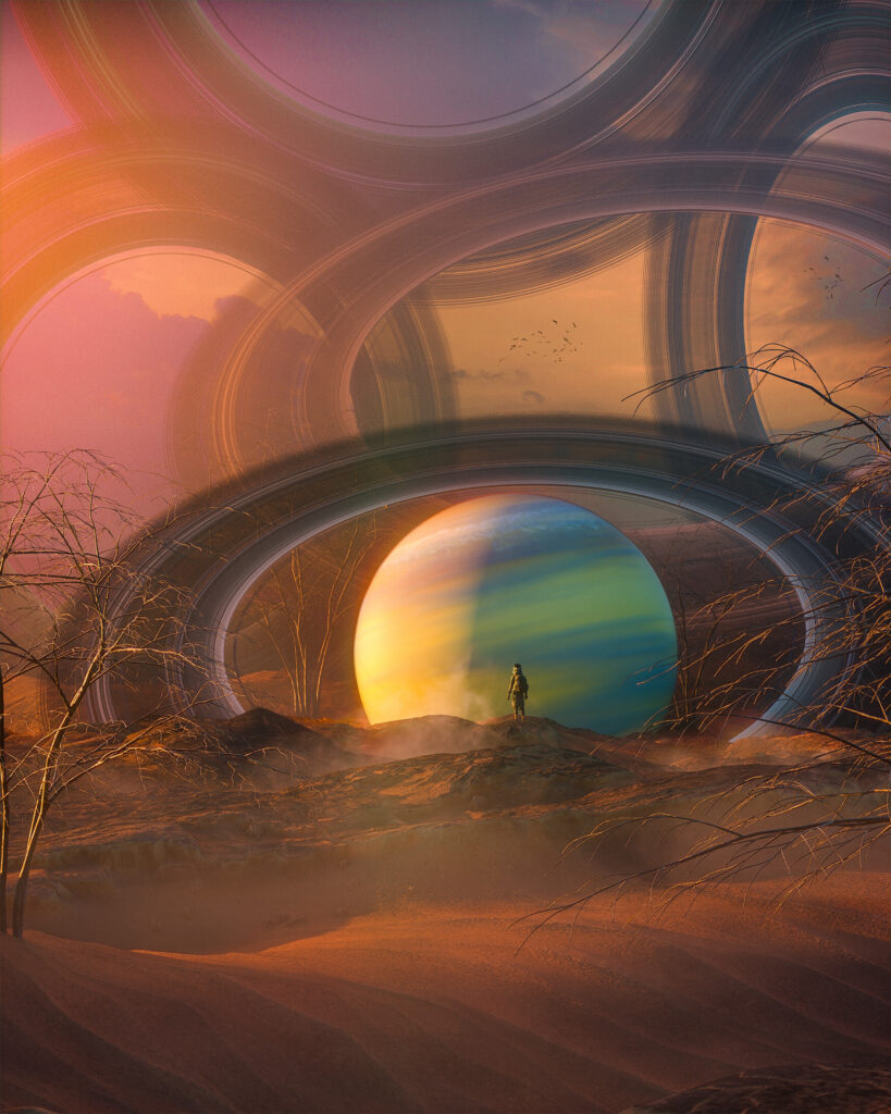 Surreal Wallpaper: Lone Silhouette on Barren Landscape with Celestial Planet