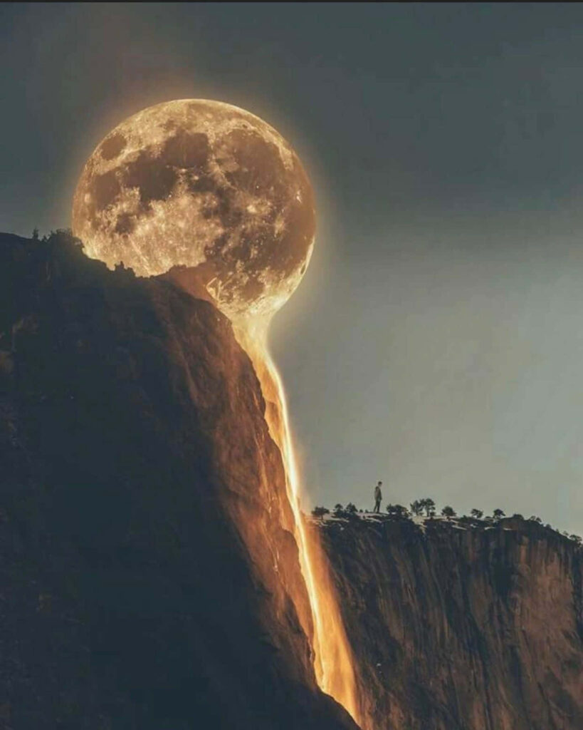 Surreal Wallpaper: Glowing Moon Melting into Golden Waterfall