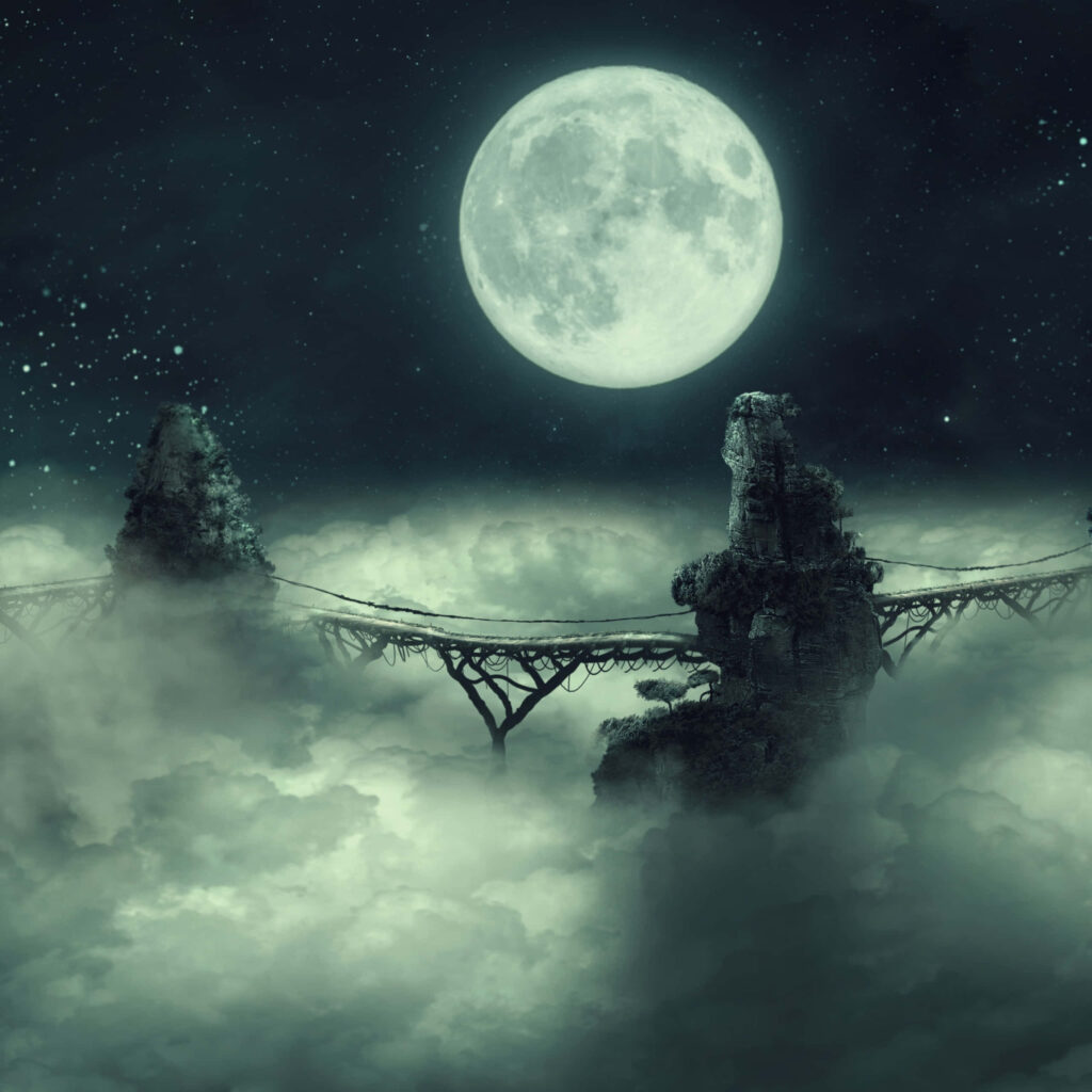 Surreal Bridge Wallpaper: Mystical Scene Above Cloudy Sea at Night