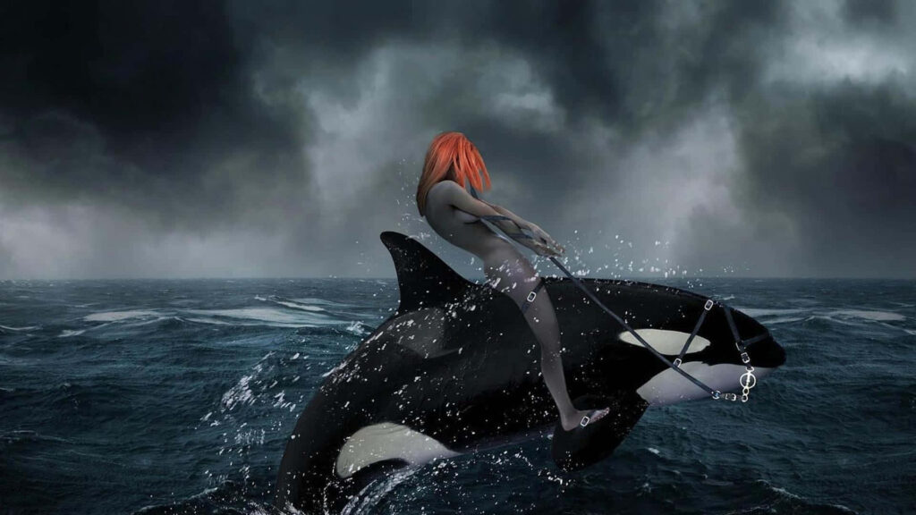 Surreal Wallpaper: Red-Haired Figure Rides Orca in Stormy Ocean
