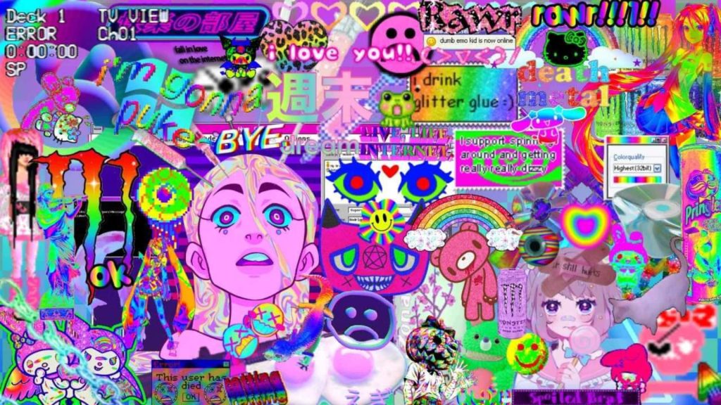 Surreal anime character in rainbow Weirdcore collage with neon slogans and nostalgic icons wallpaper