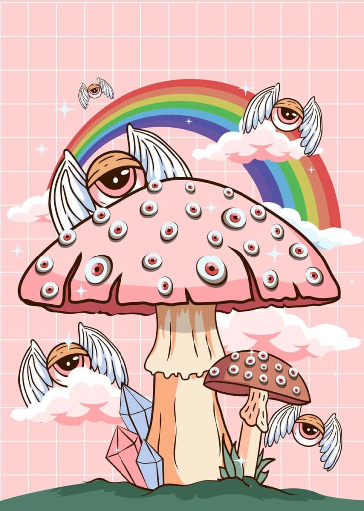 Weirdcore mushroom wallpaper with flying eyeballs crystals rainbow pink grid surreal art background