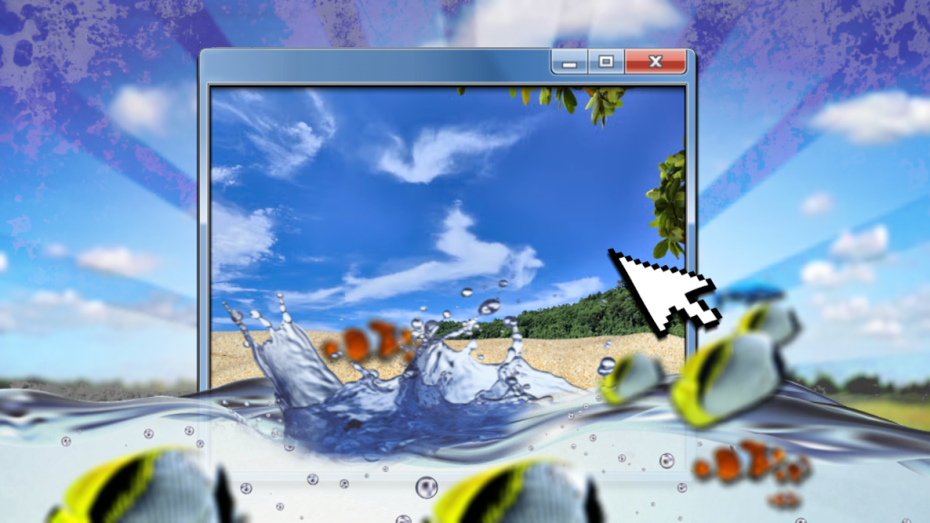 Surreal digital wallpaper with Windows Aero frame tropical beach water splashes and cursor