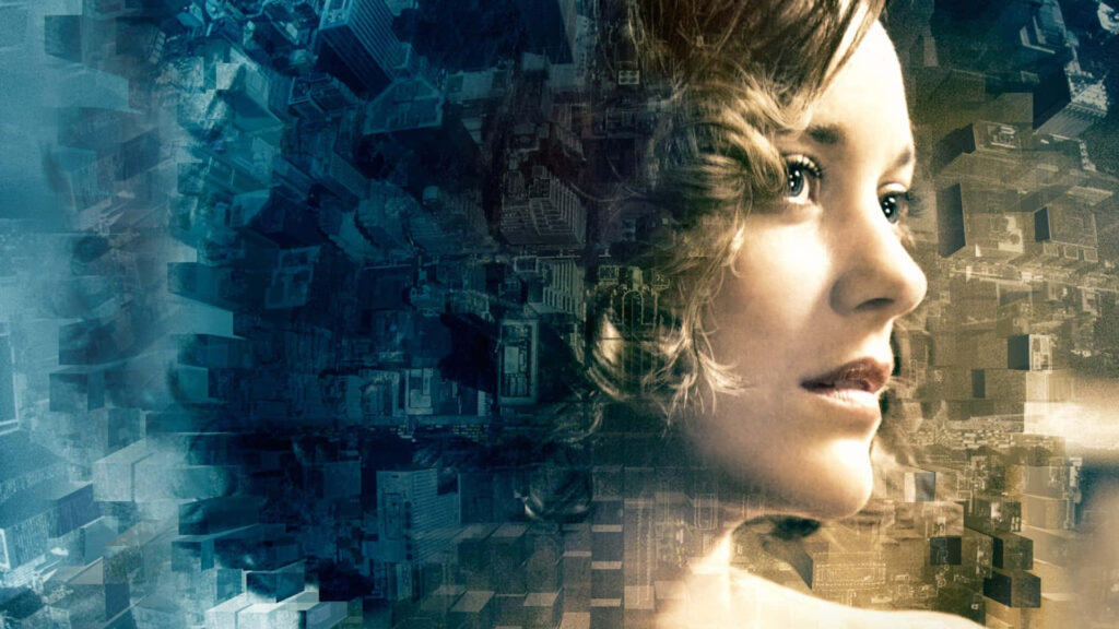 Close-up of woman’s face blending with surreal cityscape inspired by Inception wallpaper background