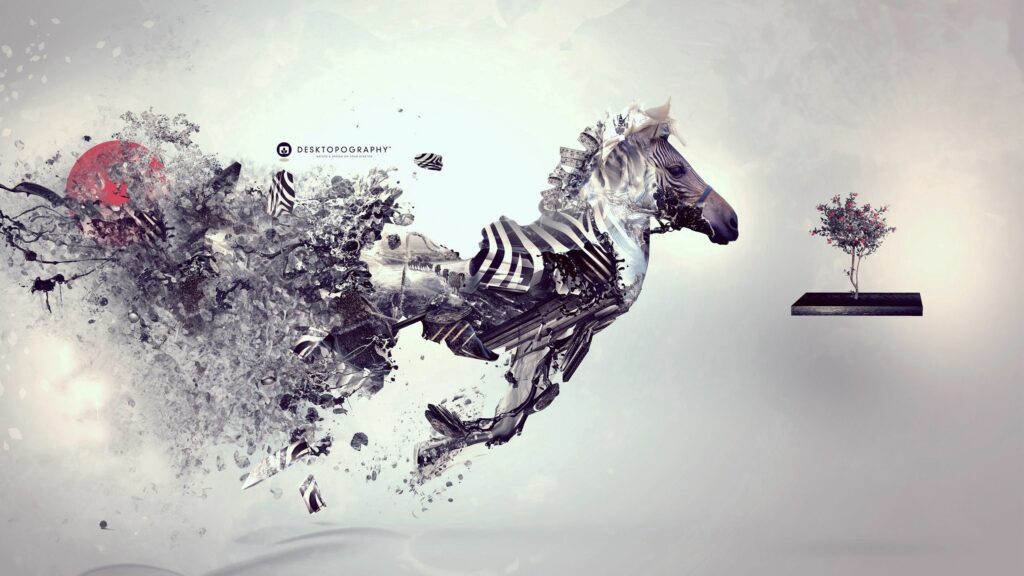 Surreal Zebra Wallpaper: Nature Meets Tech with Floating Bonsai