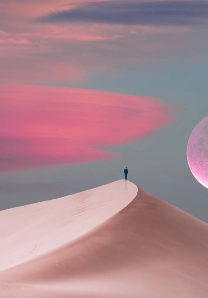 Surreal Desert Dune iPhone Wallpaper with Pink Moon & Pastel Sky