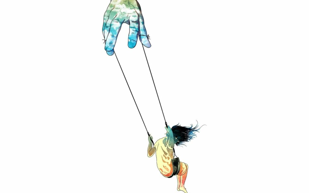 Surrealist Swing Art: Ethereal Hand & Carefree Adventure Wallpaper