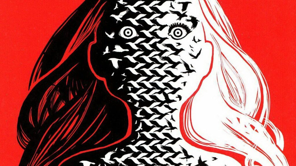 Surrealistic Girl Wallpaper: Bold Red Fantasy with Intricate Patterns