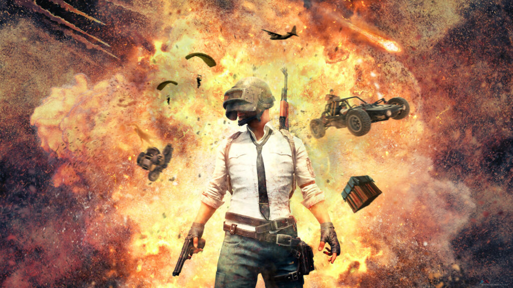 Helmeted Survivor Strides Amidst Explosive Battlefield - Captivating Playerunknown's Battlegrounds Background Wallpaper