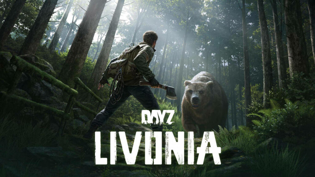 Survival Showdown: DayZ's Bold Survivor Challenges a Furious Bear in Lush Livonia Forest Wallpaper