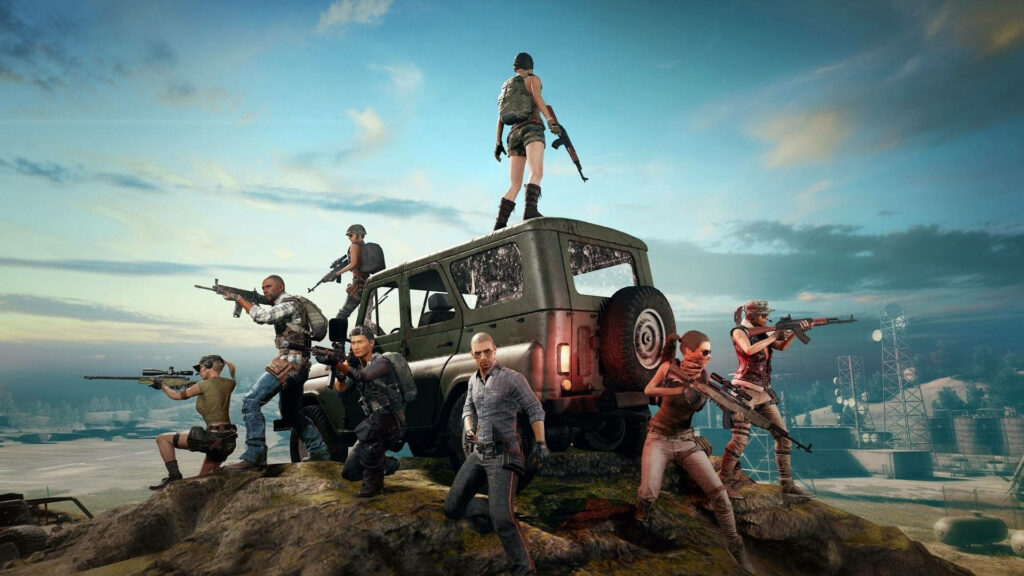 Intense Pubg Battle: 3D HD Wallpaper of Battle Royale Characters with Raised Rifles, Encircling a 4x4 Vehicle in Daylight