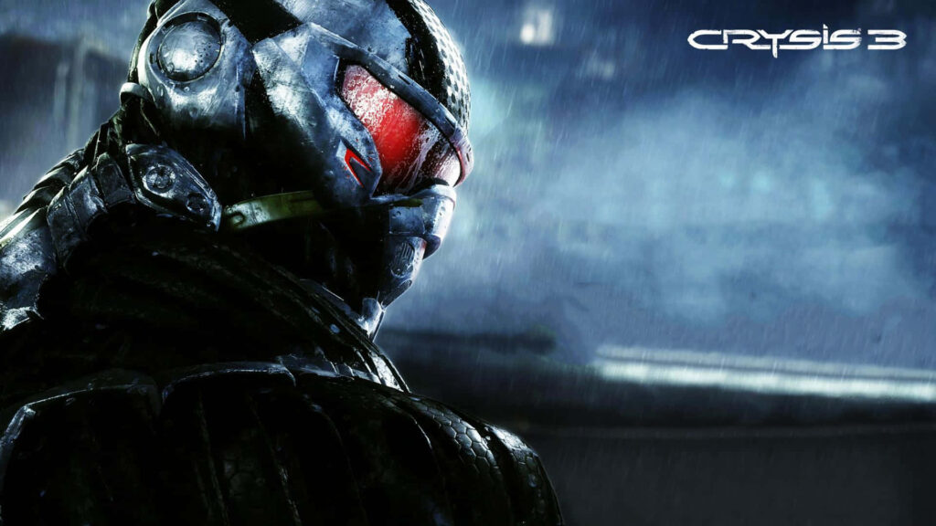 Crysis 3 futuristic Nanosuit hero close-up in intense rainy background Wallpaper