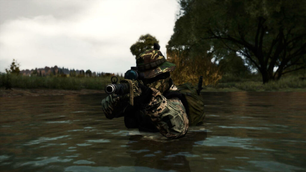 Camo-Clad Warrior: Fearlessly Wading through Water for Endless Days! Wallpaper