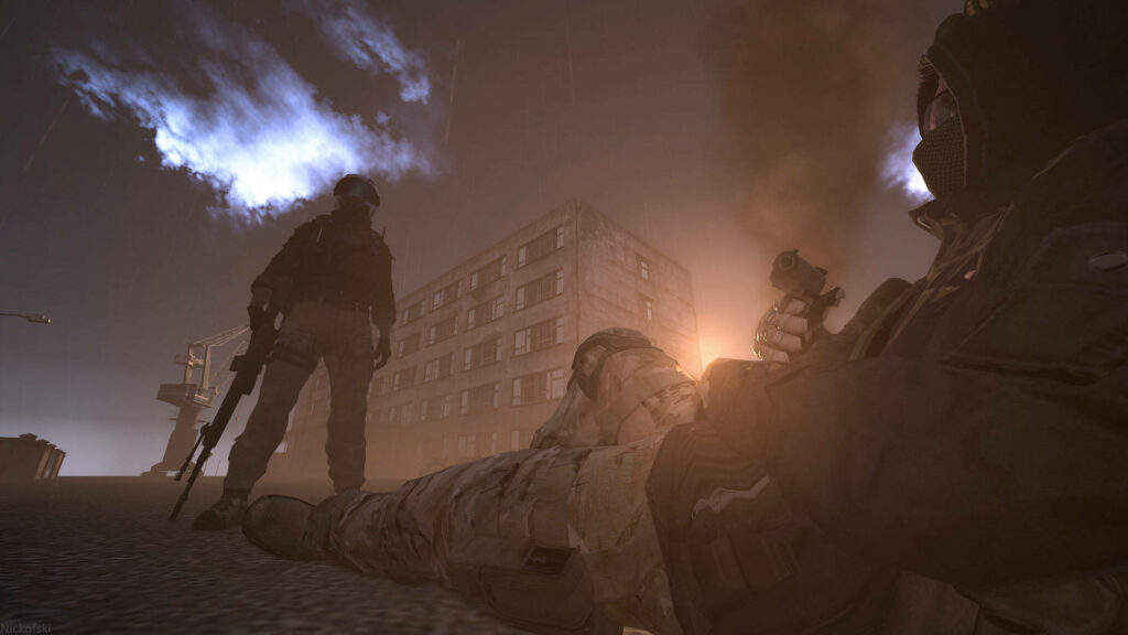 Guardians of Hope: Survivors Unwinding with Vigilance Against a Backdrop of Devastation Wallpaper