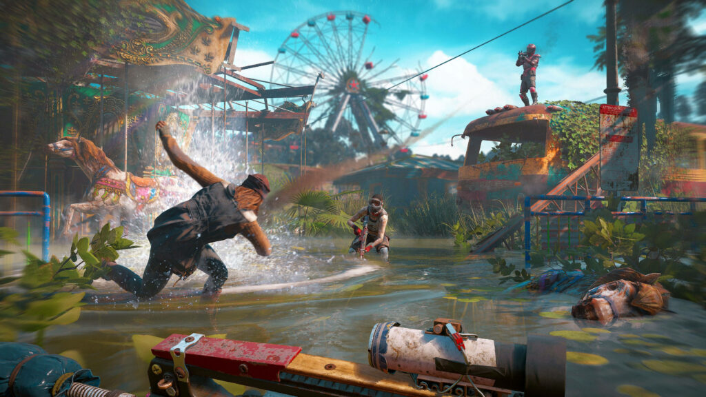 The Unyielding Heroes of Far Cry New Dawn Wage an Epic Battle Against the Armed Highwaymen Amidst an Eerie Swamp in a Desolate Amusement Park Wallpaper