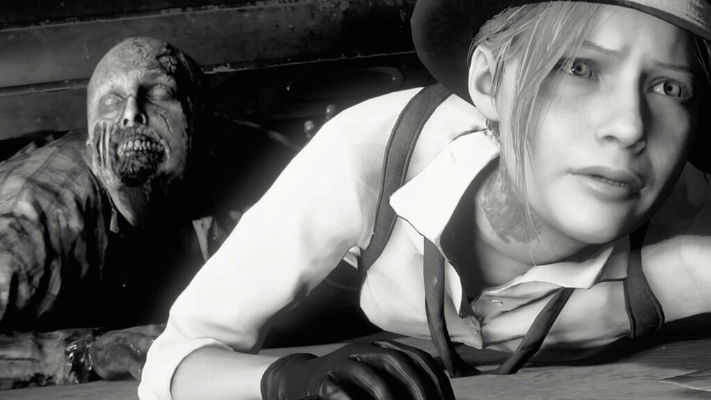 Intense Grayscale Zombie Scene: Woman vs. Menacing Pursuer Wallpaper