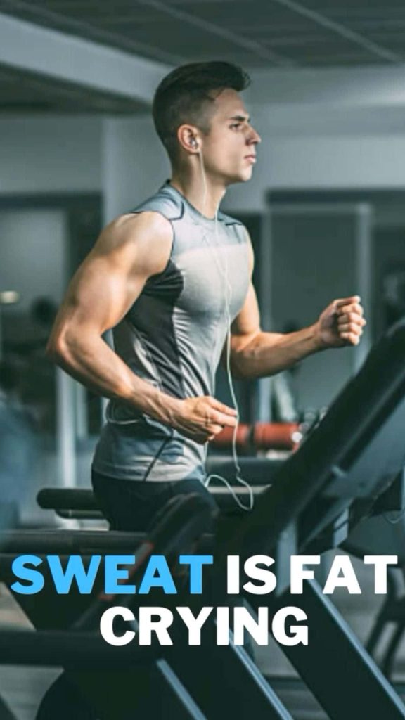 Athletic man running on treadmill with earbuds and sweat is fat crying gym motivational wallpaper