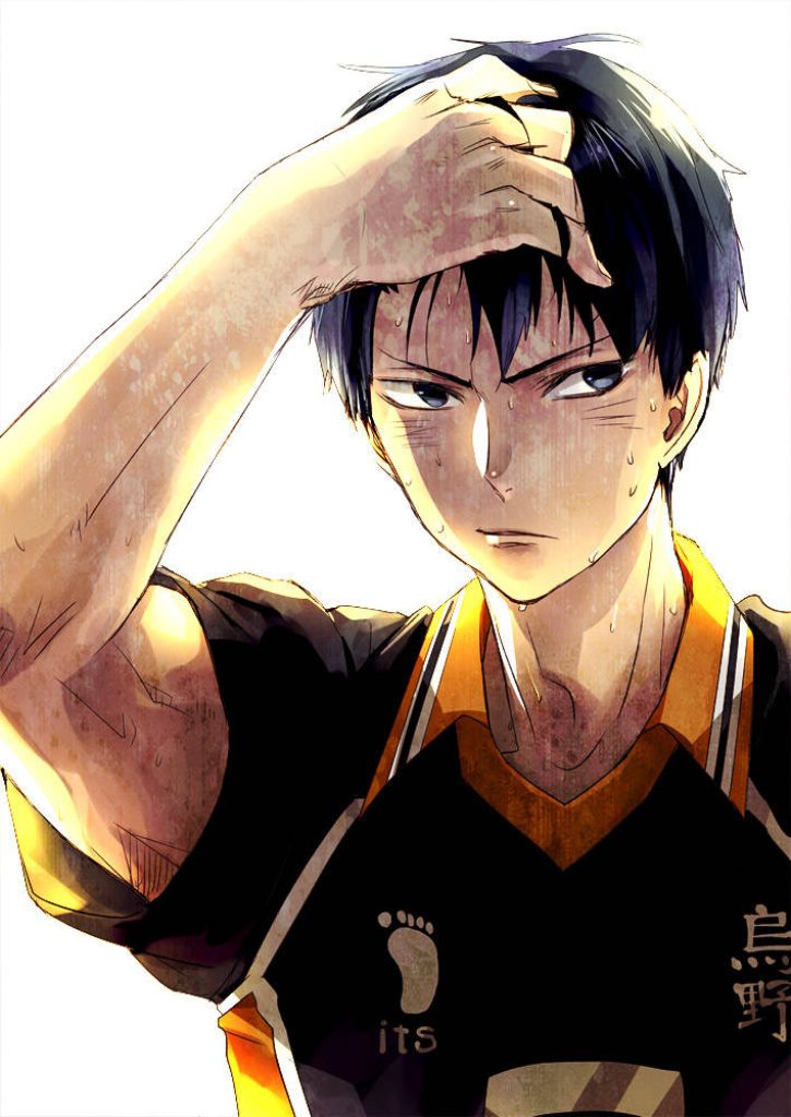 Sweaty Tobio Kageyama Haikyuu wallpaper in Karasuno black orange uniform intense expression