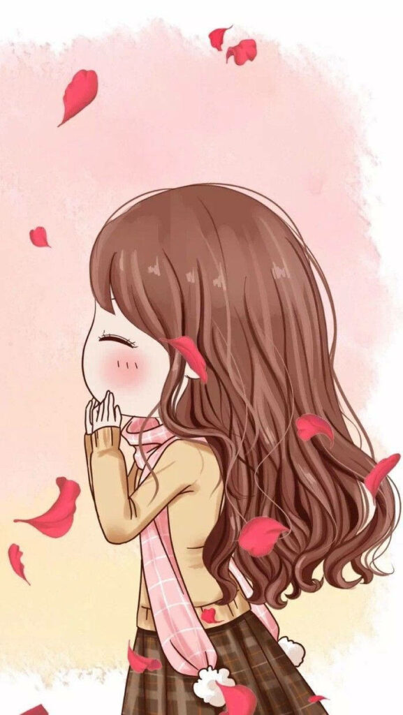 Love Blooms: Adorable Anime Art of Blushing Female Partner, Standing Against a Pink and Yellow Background Showered with Flying Rose Petals Wallpaper