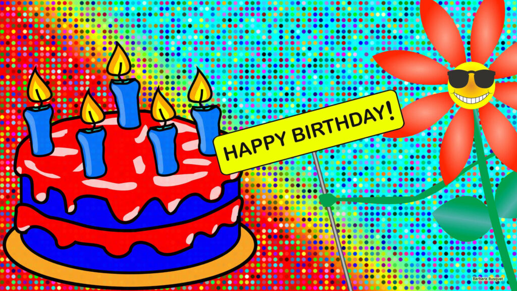 A Festive Explosion of Color: Birthday Fun with a Whimsical Cake and Flower Character Wallpaper