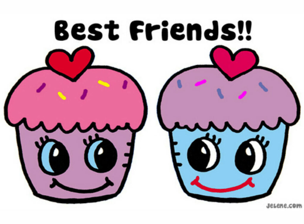 Two colorful anthropomorphic cupcakes with hearts and sprinkles labeled Best Friends wallpaper