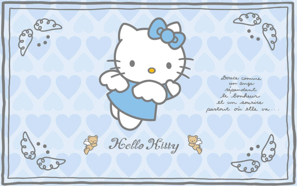 Charming Hello Kitty Wallpaper: Blue Heart Background & Cute Elements