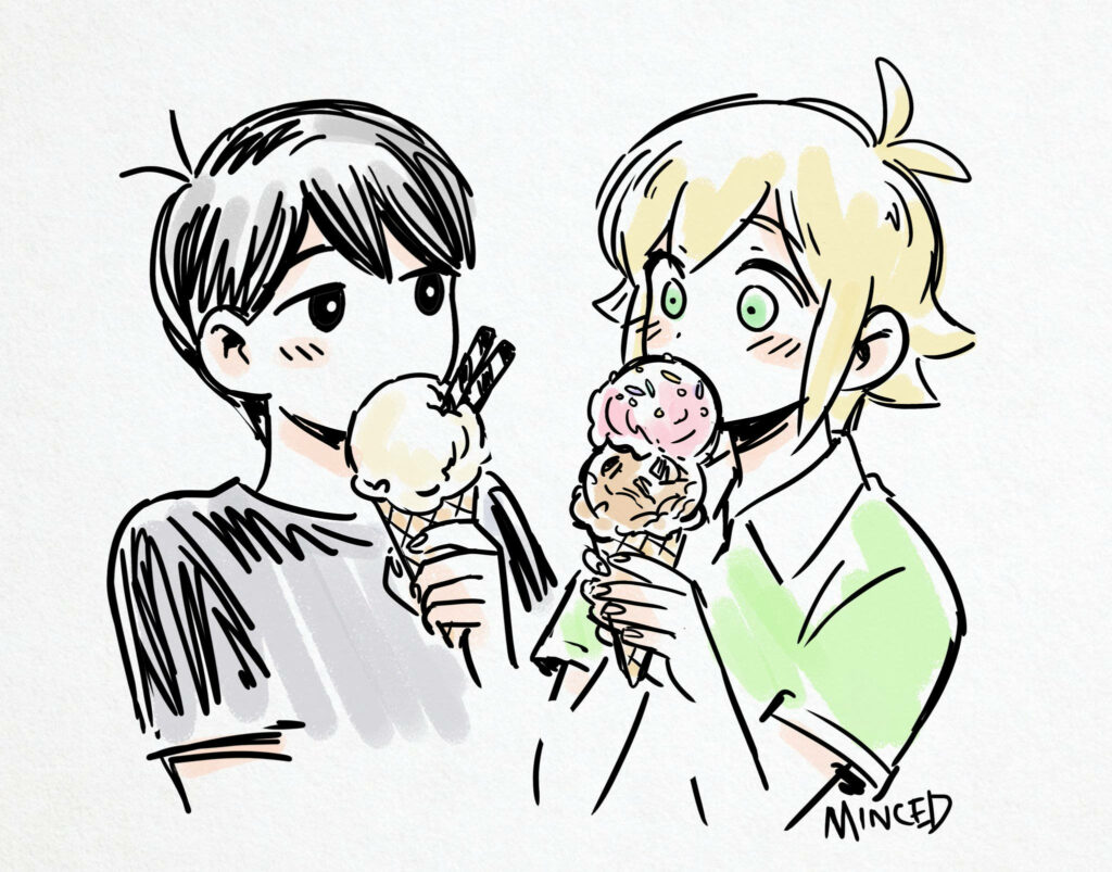 Adorable Omori Duo: Sunny and Basil Share Delightful Ice Cream Moment in Wholesome White Setting, Basil's Astonishment Adds Extra Charm Wallpaper