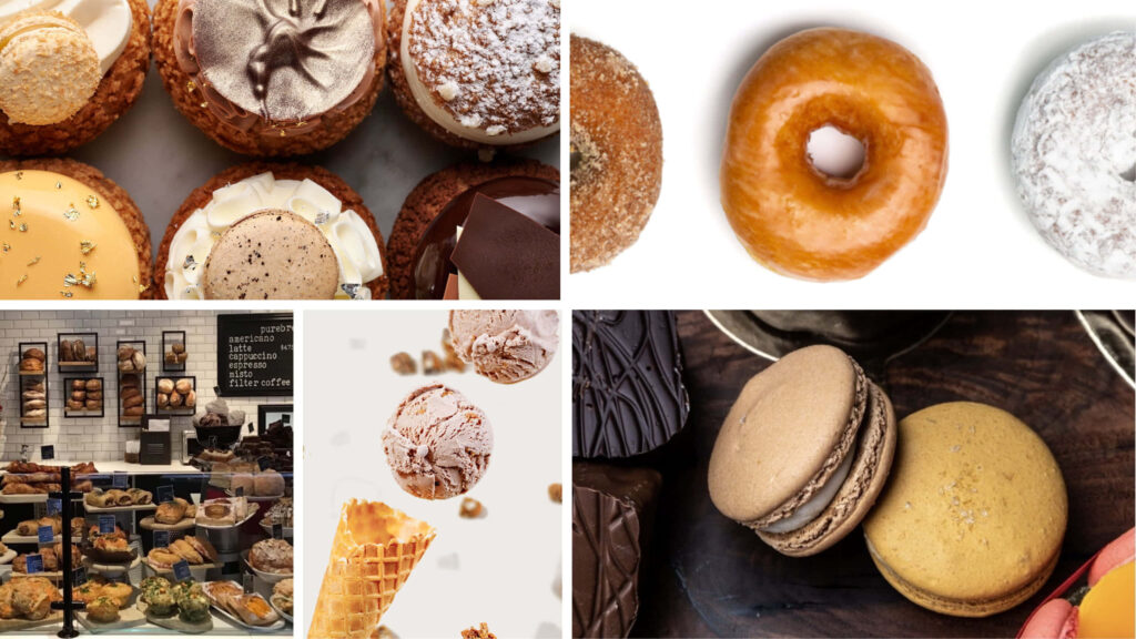 Sweet Delights Galore: A Whimsical Display of Cookies, Donuts, Ice Cream Cones, and Macarons Wallpaper