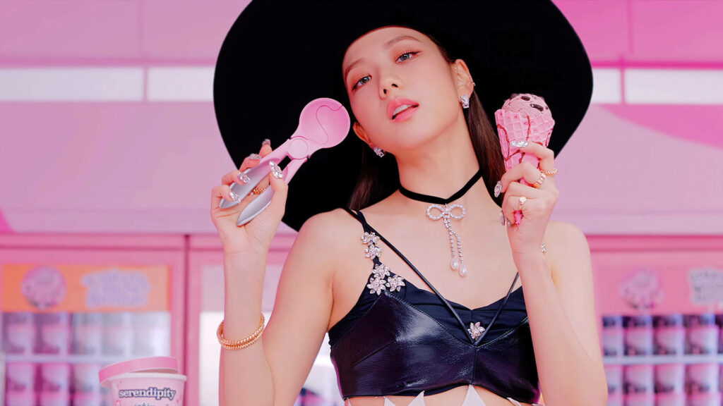 Serving Looks and Sweet Treats: Jisoo's Blackpink Desktop Wallpaper with Pink Ice Cream
