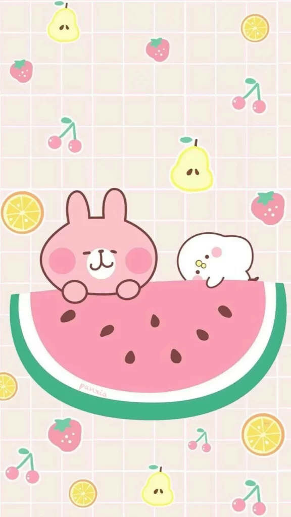 Whimsical Watermelon Delight: A Playful Pink Rabbit and a Palette of Fresh Fruits as the Perfect iPad Pro Wallpaper