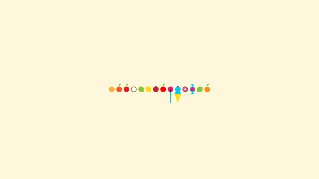 Minimalist wallpaper with colorful flat fruit and candy icons on light beige background