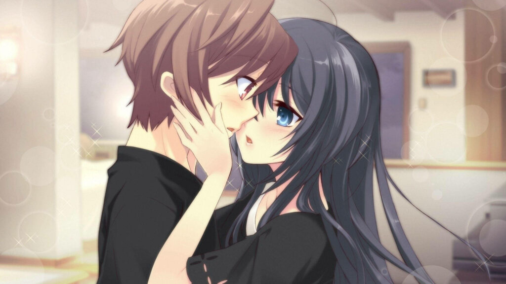 Expressions of Love: Embracing Affection in Anime Couple's Hug Wallpaper