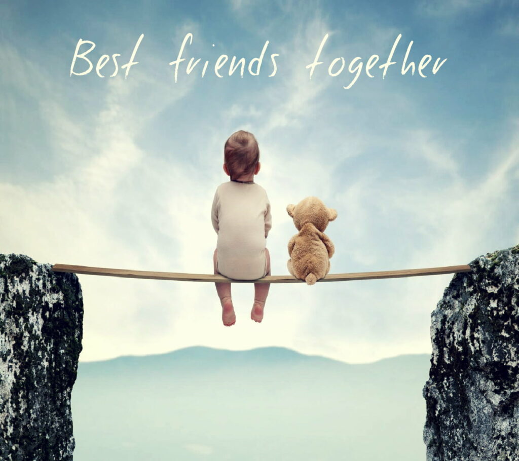 Sweetest Friendship: Baby and Teddy Bear Sit Together Amidst Rope and Child in HD Wallpaper